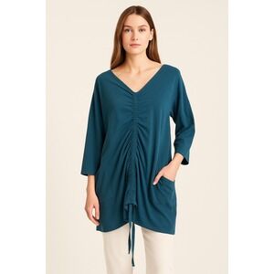 Bryn Walker Ruched Drawstring Lagenlook Tunic L Relaxed  Blue Bamboo Organic